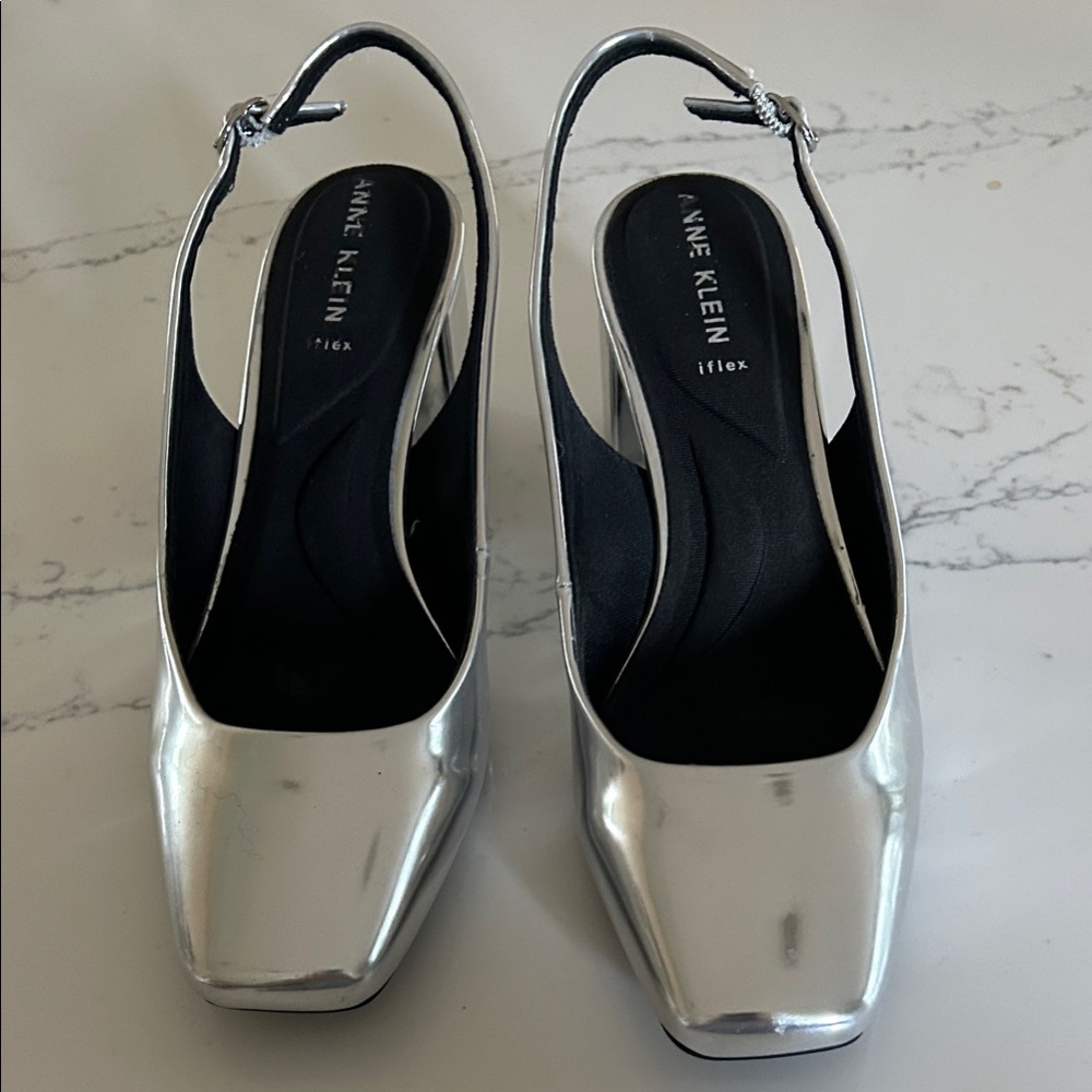 Anne Klein Silver Chrome flex Slingback Heels
